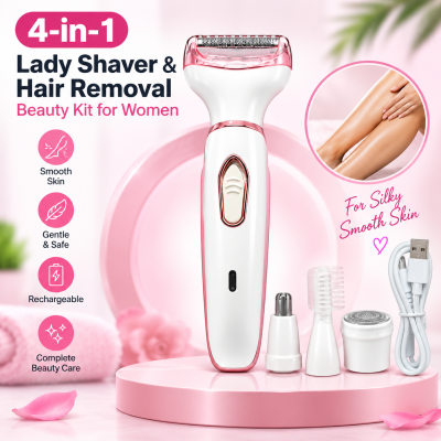 4-in-1 Rechargeable Lady Shaver & Hair Removal Beauty Kit – Painless Electric Razor, Eyebrow, Nose & Body Hair Trimmer with USB Charging & Portable Rose Gold Design